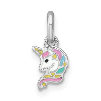 Sterling Silver Rhodium-plated Polished White and Rainbow Enamel Unicorn Head Childrens Pendant
