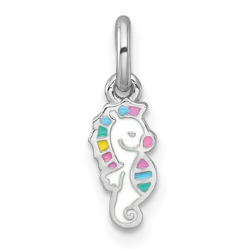 Sterling Silver Rhodium-plated Polished White and Rainbow Enamel Seahorse Childrens Pendant