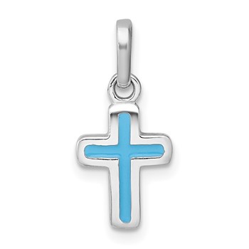 Sterling Silver Rhodium-plated Polished Blue Enamel Childrens Cross Charm Pendant