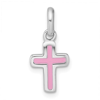 Sterling Silver Rhodium-plated Polished Pink Enamel Childrens Cross Charm Pendant