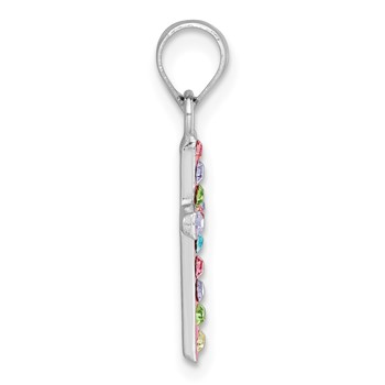 Sterling Silver Rhodium-plated Polished Pink/Blue/Green/Purple Crystal Childrens Cross Pendant — alternate view