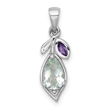 Sterling Silver Rhodium-plated Polished Amethyst and Green Quartz Leaf Pendant