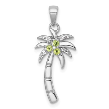Sterling Silver Rhodium-plated Polished and Grooved Peridot and White Topaz Palm Tree Pendant