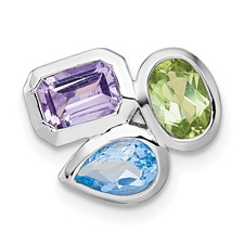Image of "Sterling Silver Rhodium-plated Polished Pear Blue Topaz, Oval Peridot and Emerald-cut Amethyst Chain Slide Pendant"