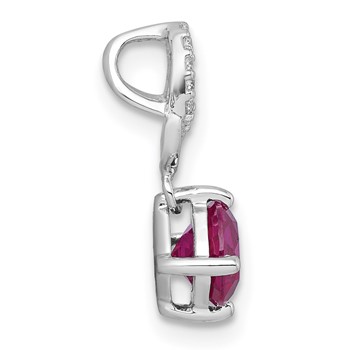 Sterling Silver Rhodium-plated Polished Round Lab Created Ruby and CZ Dangling Heart Chain Slide Pendant — alternate view