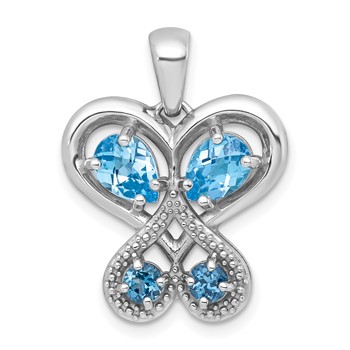 Sterling Silver Rhodium-plated Polished Light Swiss Blue Topaz and London Blue Topaz Heart Butterfly Pendant