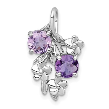 Sterling Silver Rhodium-plated Polished and Textured Amethyst and Rose de France Quartz Floral Chain Slide