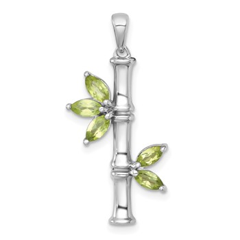 Sterling Silver Rhodium-plated Polished Fancy Peridot Bamboo with Leaves Pendant
