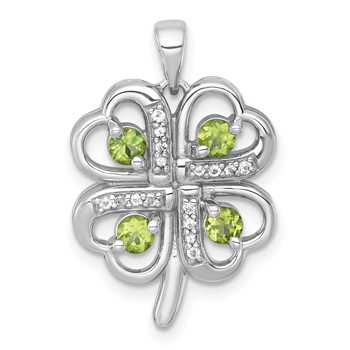 Sterling Silver Rhodium-plated Polished Peridot and White Topaz 4-Leaf Clover Pendant