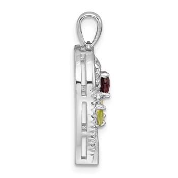"Sterling Silver Rhodium-plated Polished Garnet, Peridot and White Topaz Flower in Heart Pendant" — alternate view
