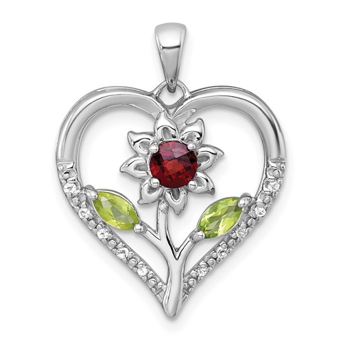 SS RH-pltd Garnet Peridot and White Topaz Floral Heart Pendant