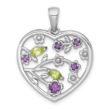 Sterling Silver Rhodium-plated Polished Amethyst and Peridot Flowers in Heart Pendant