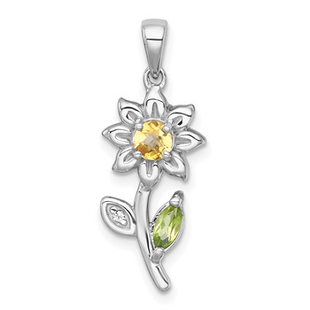 "Sterling Silver Rhodium-plated Polished Citrine, Peridot and White Topaz Flower Pendant"