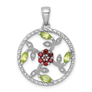 "Sterling Silver Rhodium-plated Polished Garnet, Peridot and White Topaz Floral Twisted Circle Pendant"