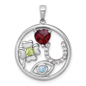 "Sterling Silver Rhodium-plated Polished Garnet, Peridot and Light Swiss Blue and White Topaz Good Luck Pendant"