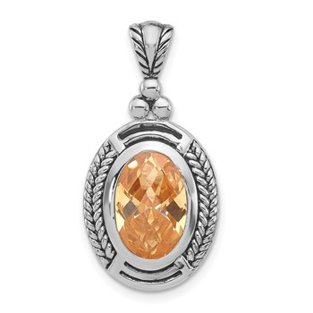 Sterling Silver Polished & Antiqued Oval Champagne CZ Pendant