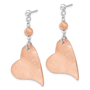 Sterling Silver & Pink Rhodium Textured Heart Dangle Earrings — alternate view