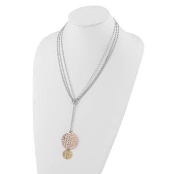 Sterling Silver w/ Yellow & Rose-tone Rhodium-plated Textured Circles Drop Necklace — alternate view