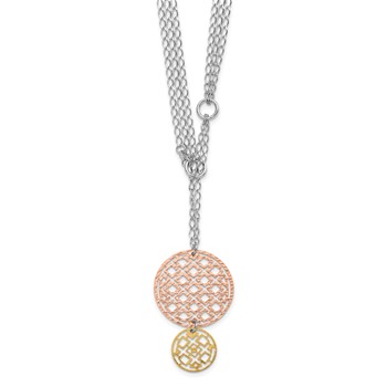 Sterling Silver w/ Yellow & Rose-tone Rhodium-plated Textured Circles Drop Necklace