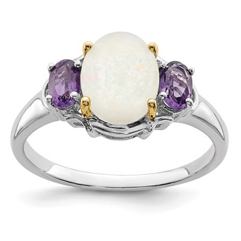 Brilliant Gemstones Sterling Silver with 14K Accent Rhodium-plated Opal and Amethyst Ring