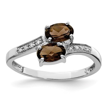 Sterling Silver Rhodium Smoky Quartz & Diamond Ring