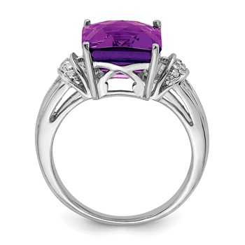Sterling Silver Rhodium-plated Checker-Cut Amethyst & Diamond Ring — alternate view