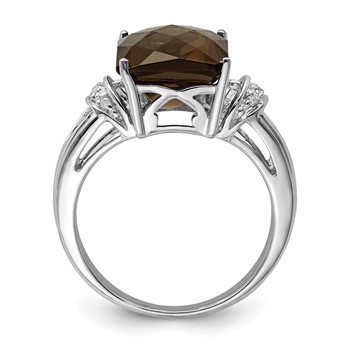 Sterling Silver Rhodium Octagonal Checker-Cut Smoky Quartz & Diam. Ring — alternate view