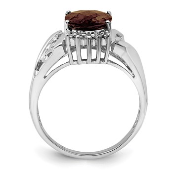 Sterling Silver Rhodium Checker-Cut Smoky Quartz & Oval Diam. Ring — alternate view