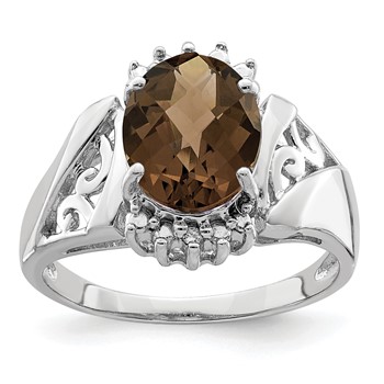 Sterling Silver Rhodium Checker-Cut Smoky Quartz & Oval Diam. Ring