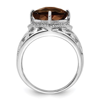 Sterling Silver Rhodium Checker-Cut Smoky Quartz & Diam. Ring — alternate view