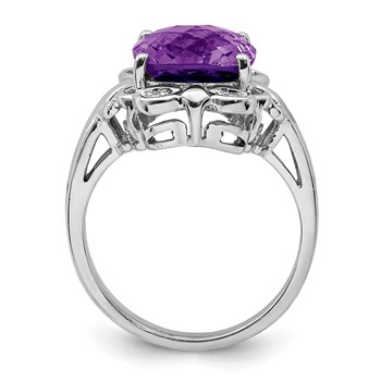 Sterling Silver Rhodium-plated Checker-Cut Amethyst & Diamond Ring — alternate view