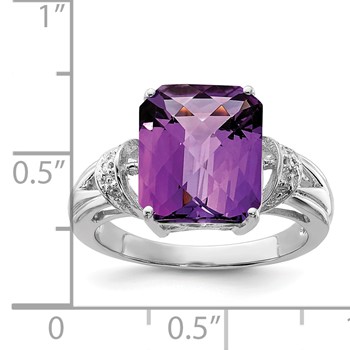 Sterling Silver Rhodium-plated Checker-Cut Amethyst & Diamond Ring — alternate view