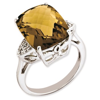 Sterling Silver RH-plated Checker-Cut Whiskey Quartz & Diamond Ring