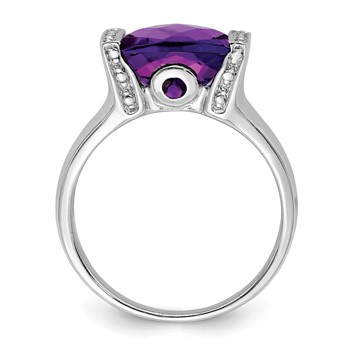 Sterling Silver Rhodium-plated Checker-Cut Amethyst & Diamond Ring — alternate view