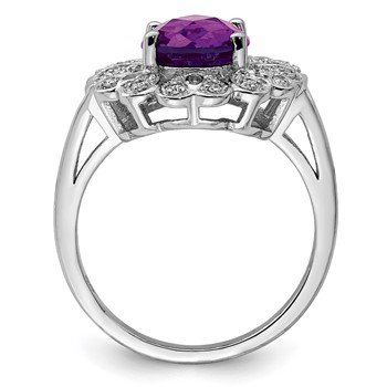 Sterling Silver Rhodium-plated Diam & Oval Checker-Cut Amethyst Ring — alternate view