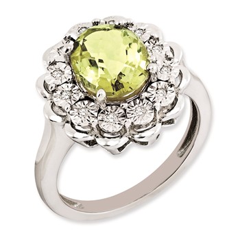 Sterling Silver RH-plated Diamond & Oval Checker-Cut Lemon Quartz Ring