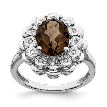 Sterling Silver Rhodium Diam. & Oval Checker-Cut Smoky Quartz Ring