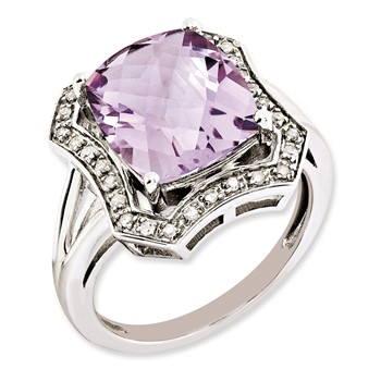Sterling Silver Rhodium-plated Diamond & Checker-Cut Pink Quartz Ring