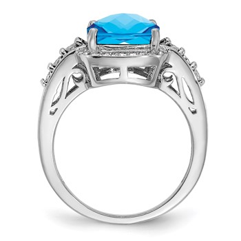 Sterling Silver Rhodium Diam. & Checker-Cut Blue Topaz Ring — alternate view