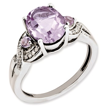 Sterling Silver Rhodium-plated Oval Diamond & Pink Quartz Ring