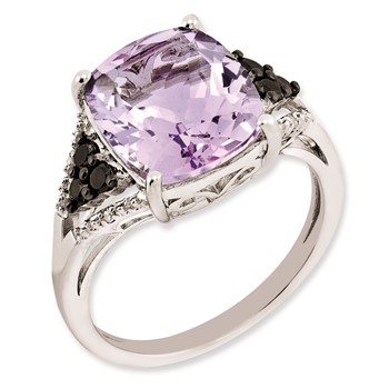 Sterling Silver Rhodium-plated Diamond & Pink Quartz Ring
