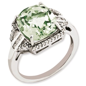 Sterling Silver Rhodium-plated Diamond & Checker-Cut Green Quartz Ring