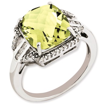 Sterling Silver Rhodium-plated Diamond & Checker-Cut Lemon Quartz Ring