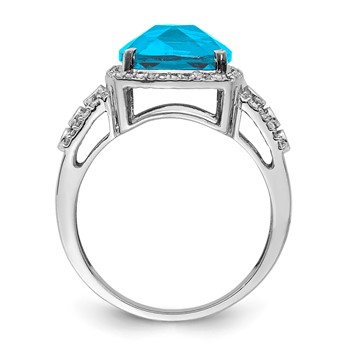 Sterling Silver Rhodium Checker-Cut Blue Topaz & Diam. Ring — alternate view