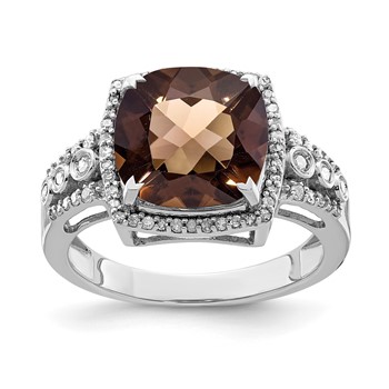 Sterling Silver Rhodium Diam. & Checker-Cut Smoky Quartz Ring