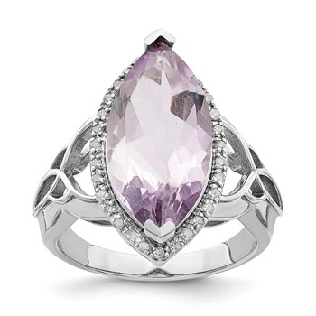 Sterling Silver Rhodium Diam. & Pink Quartz Ring