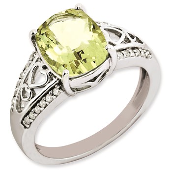 Sterling Silver Rhodium-plated Diamond & Lemon Quartz Ring