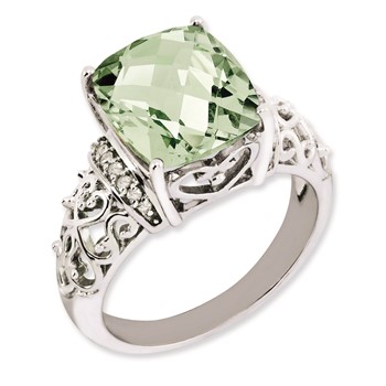 Sterling Silver Rhodium-plated Diamond & Checker-Cut Green Quartz Ring