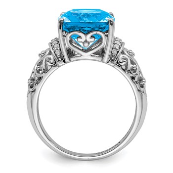 Sterling Silver Rhodium Checker-Cut Blue Topaz & Diam. Ring — alternate view