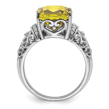 Sterling Silver Rhodium Diam. & Checker-Cut Lemon Quartz Ring — alternate view